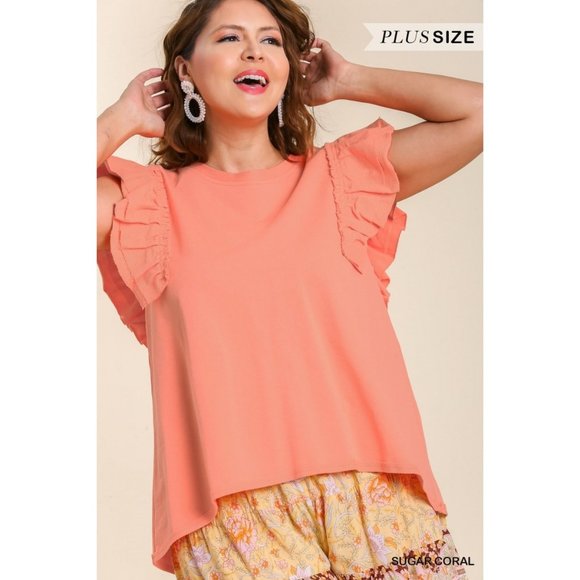Umgee New Top XL Sugar Coral Round Neck French Terry Double Ruffle Sleeve - Picture 2 of 11